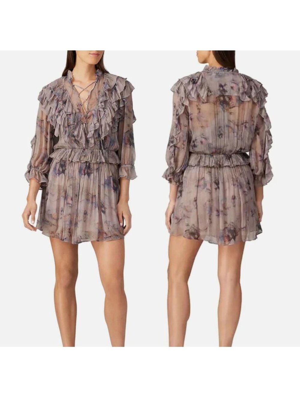 IRO Banon Floral Mauve Mini Blouson Ruffle Lace Up V-neck Dress